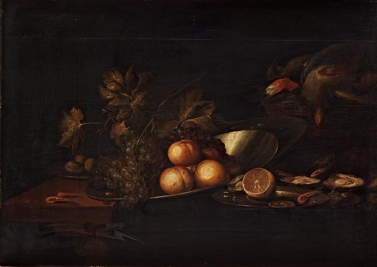 Philips Gysels, Still life with silver plate, fruits and birds.