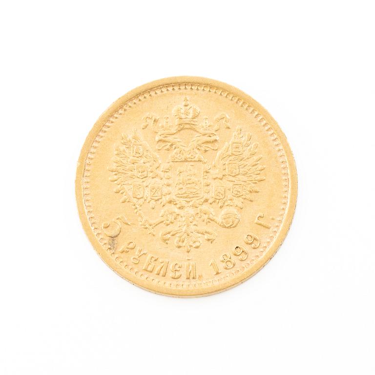 Gold coin, Nicholas II, Russia, 5 Rubles, 1899.