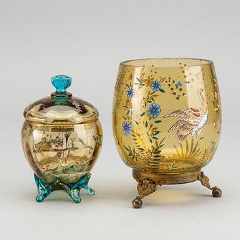 A set of two French Art Nouveau handpainted glass bowls around 1880/90.