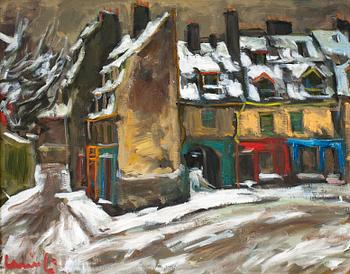 425. Olavi Laine, COLOURFUL HOUSES IN THE SNOW.