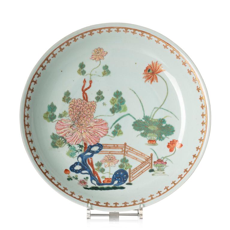 A large famille rose dish, Qing dynasty with mark.