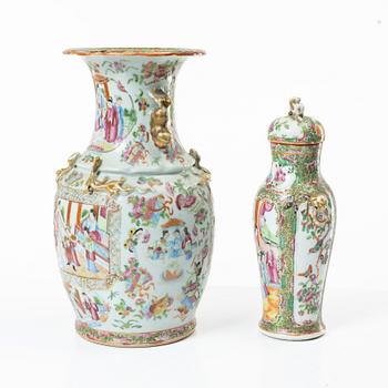 A famille rose vase with cover and a vase, Qing dynasty, Kanton, 19th century.