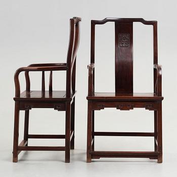 A pair of Chinese hardwood chairs, late Ming dynasty.