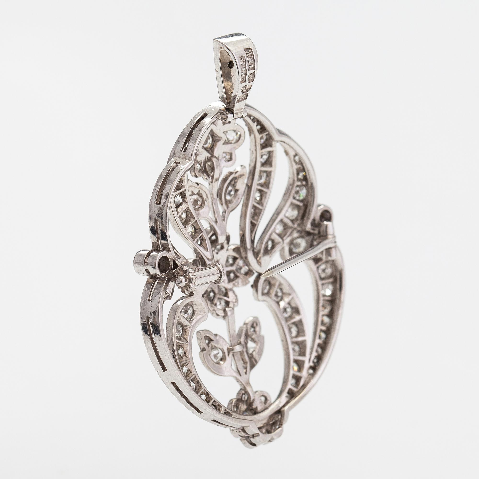 Hänge och örhängen, 18K vitguld och diamanter ca 2.00 ct tot. G. Dahlgren, Malmö 1947.