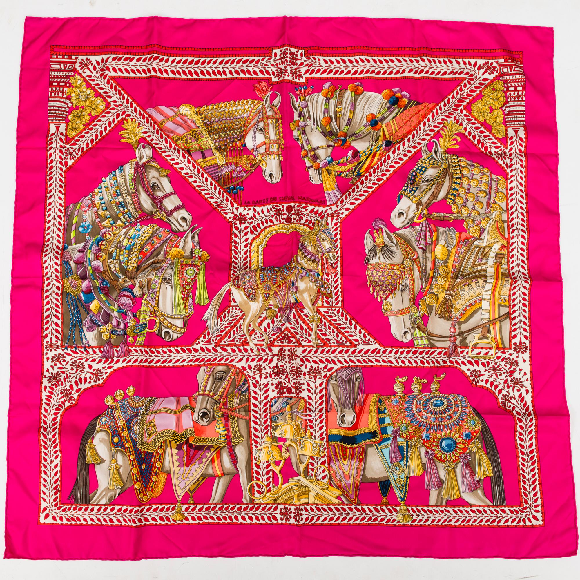 HERMÈS La danse du Cheval Marwari Silk Scarf with two Scarf Rings.