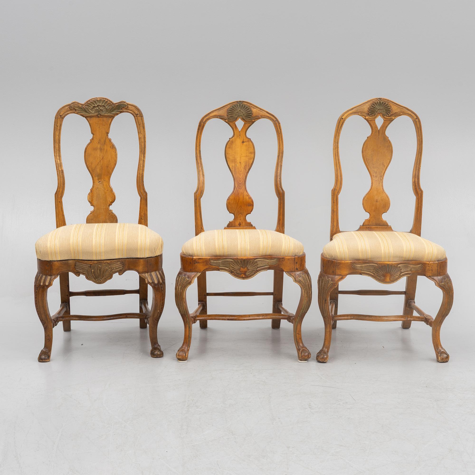 A set of six similar rococo chairs, 18th century.