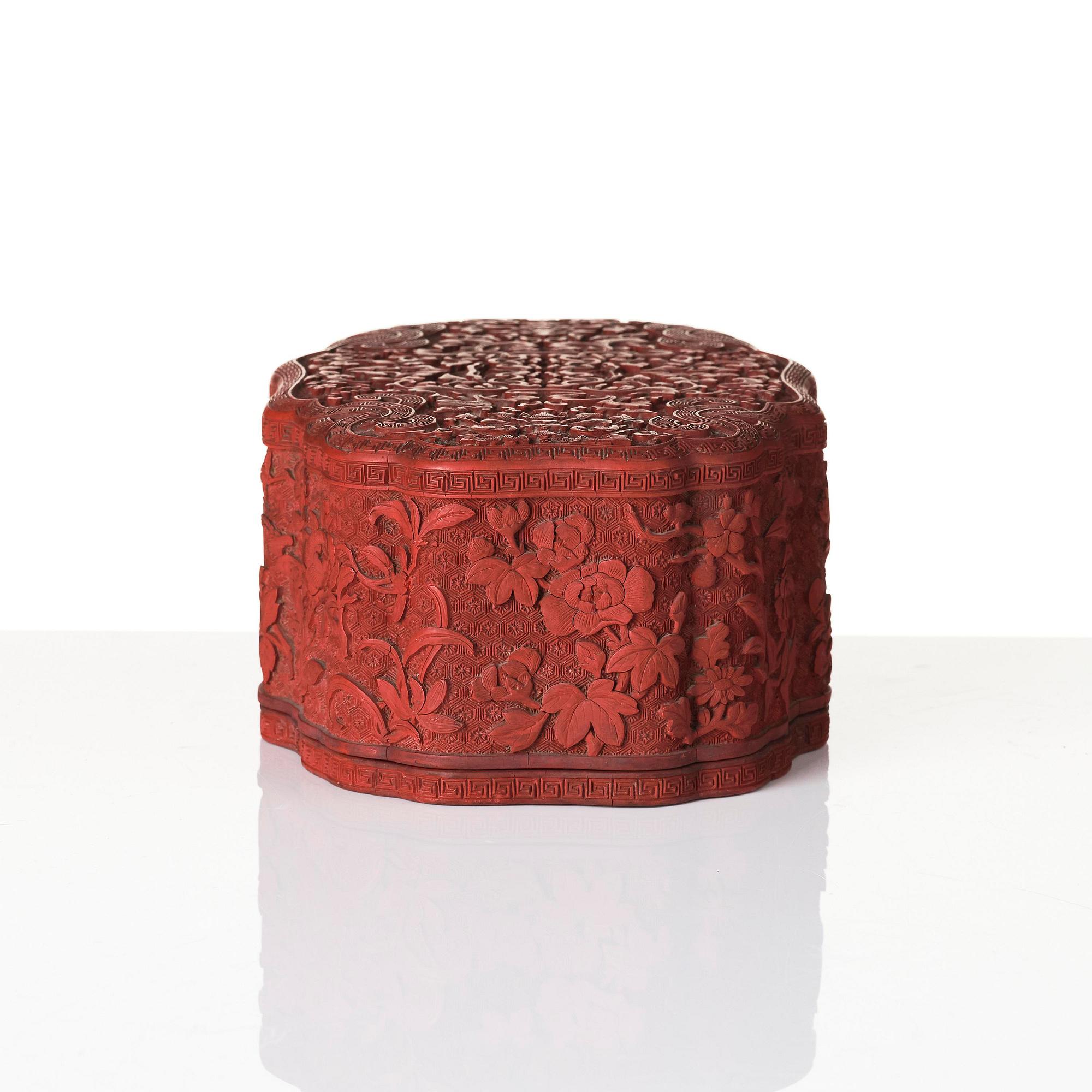 A fine carved lacquer box and cover with tianqi lacquer inset boxes and covers, Qing dynasty, Qianlong (1736-95).