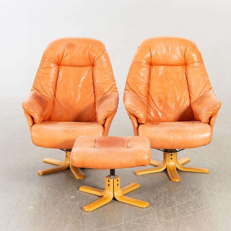 Skalma Denmark, two armchairs with footstool, leather, 20th century later part.