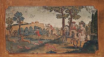 JONAS HERTMAN, Panel, The hunting company, Signed Jonas Hertman and dated 1775.