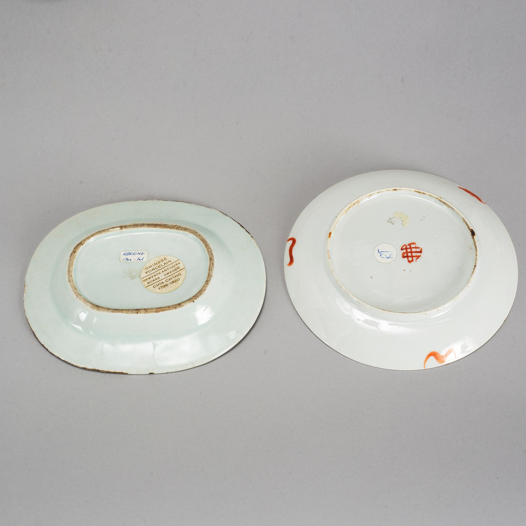 A group of blue and white and famille rose porcelain objects, Qing dynasty, Qianlong and late 19th century.