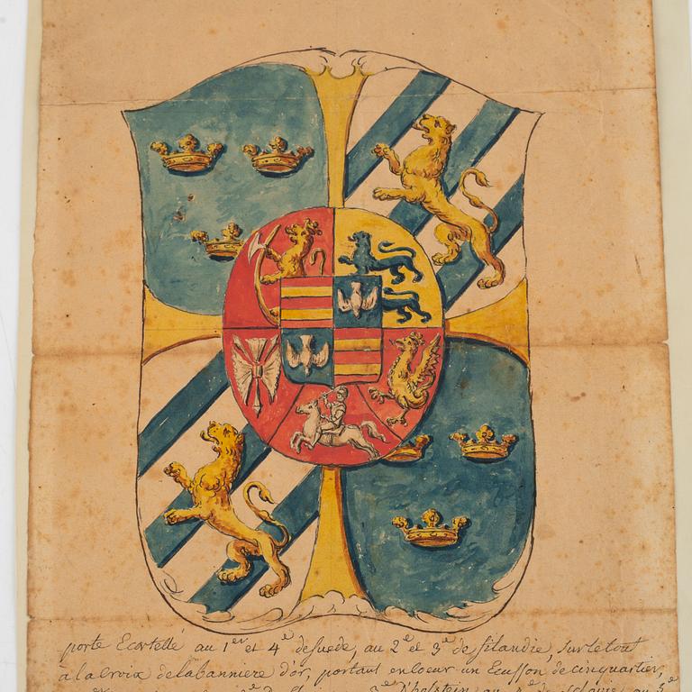 Akvarell, Sveriges Riksvapen, daterat 1765.