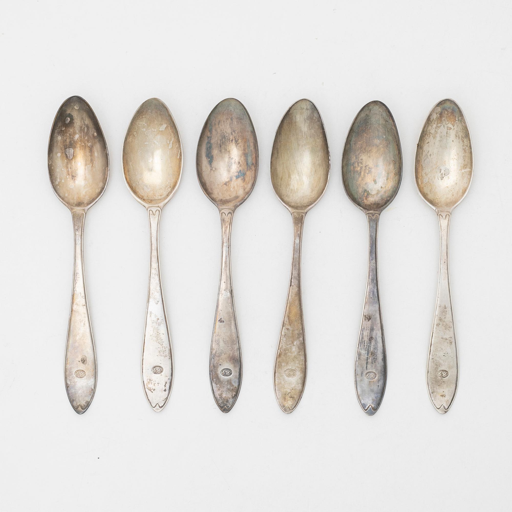 C.N. Ruthenbeck (1828-1859(1891)), Six silver spoons, Uddevalla, Sweden 1836.