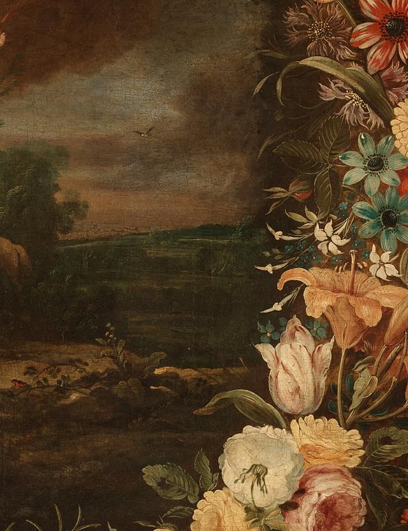 Daniel Seghers & Hendrick van Balen dä Attributed to., Landscape with garland of flowers and St John The Baptist.