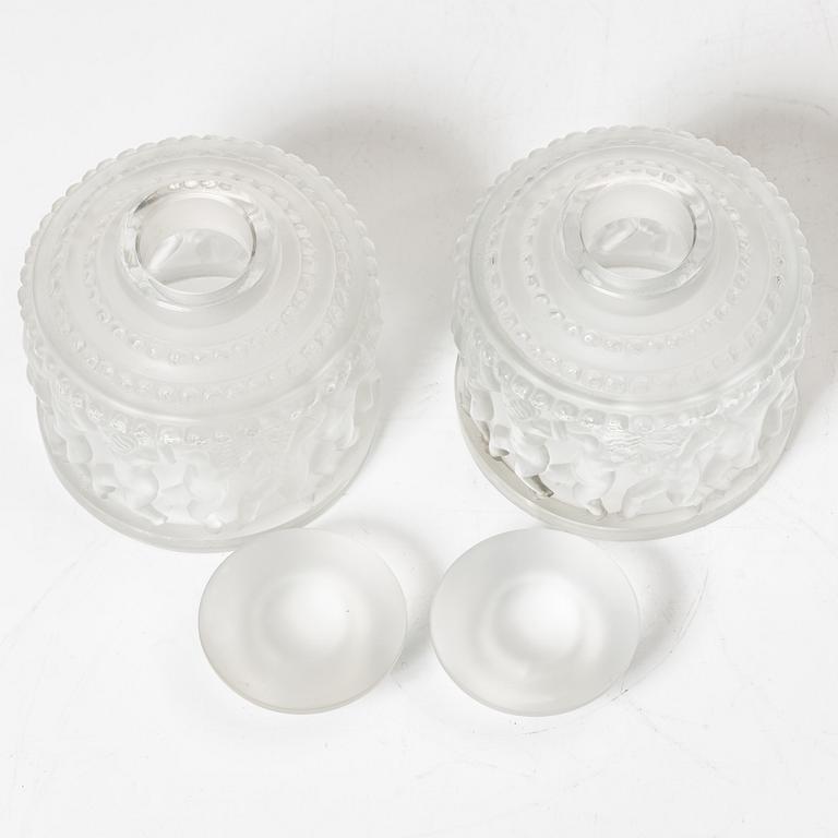 René Lalique, flacons with lids, a pair, glass, "Les Enfants", France, signed.
