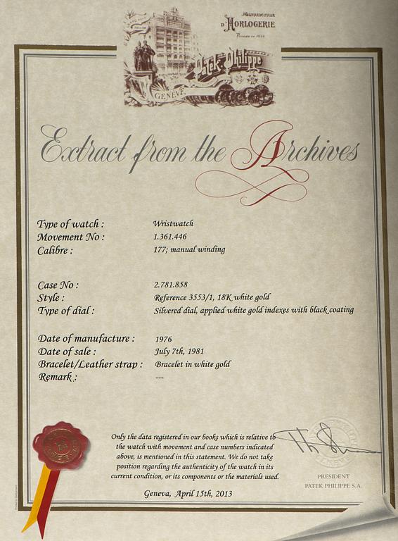 WRISTWATCH, Paterk Philippe 3553, 18K white gold, 26 diamonds. Original certificate. Manufactured 1976.