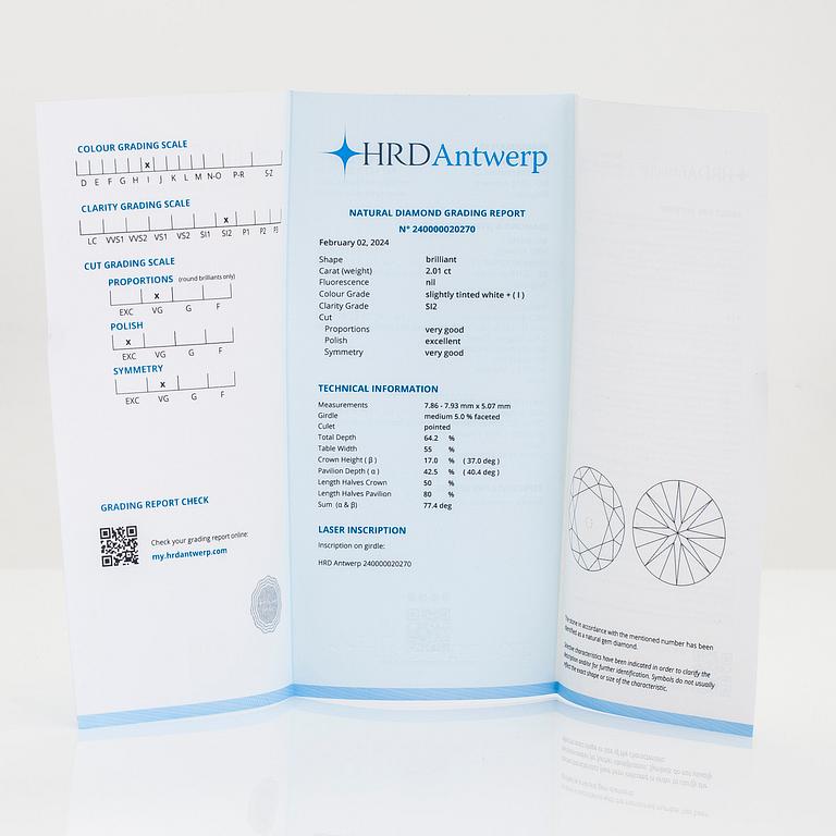 An 18K rose gold ring, with a brilliant-cut diamond approximately 2.01 ct, accompanying HRD report.