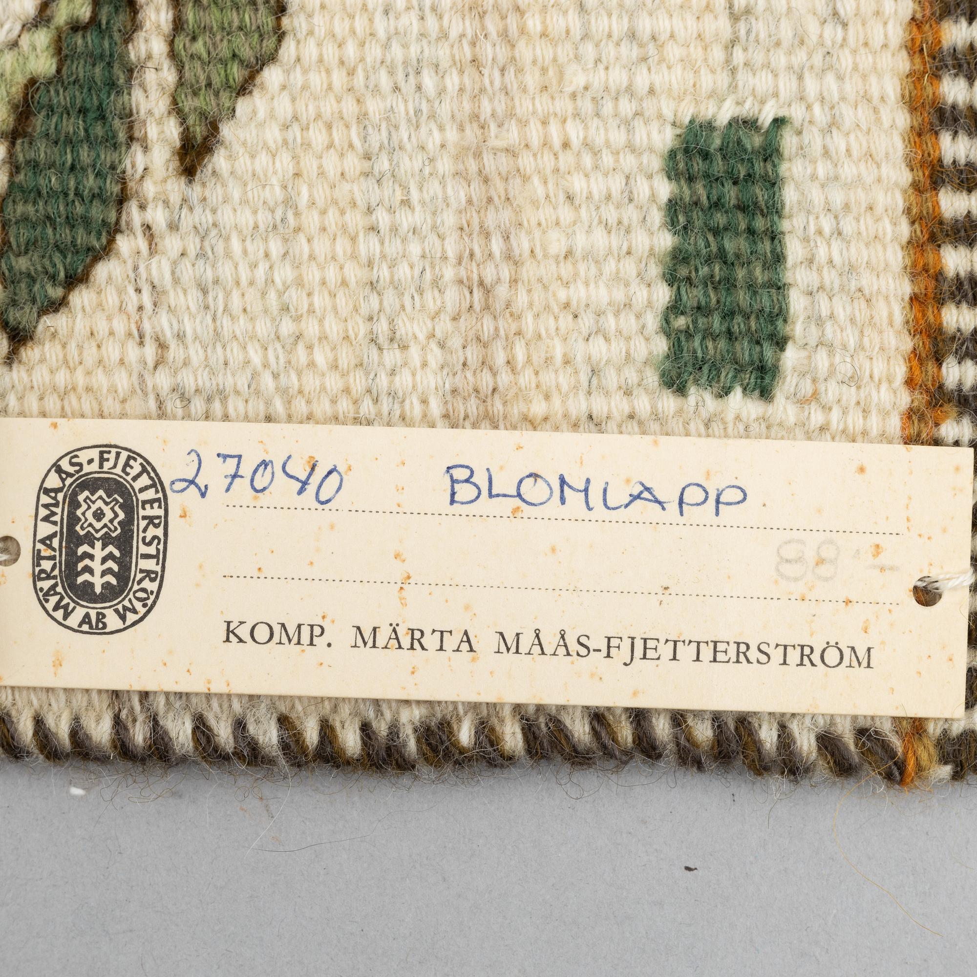 Märta Måås-Fjetterström, a textile "Blomlapp", tapestry weave, c 25 x 21,5 cm, signed AB MMF.