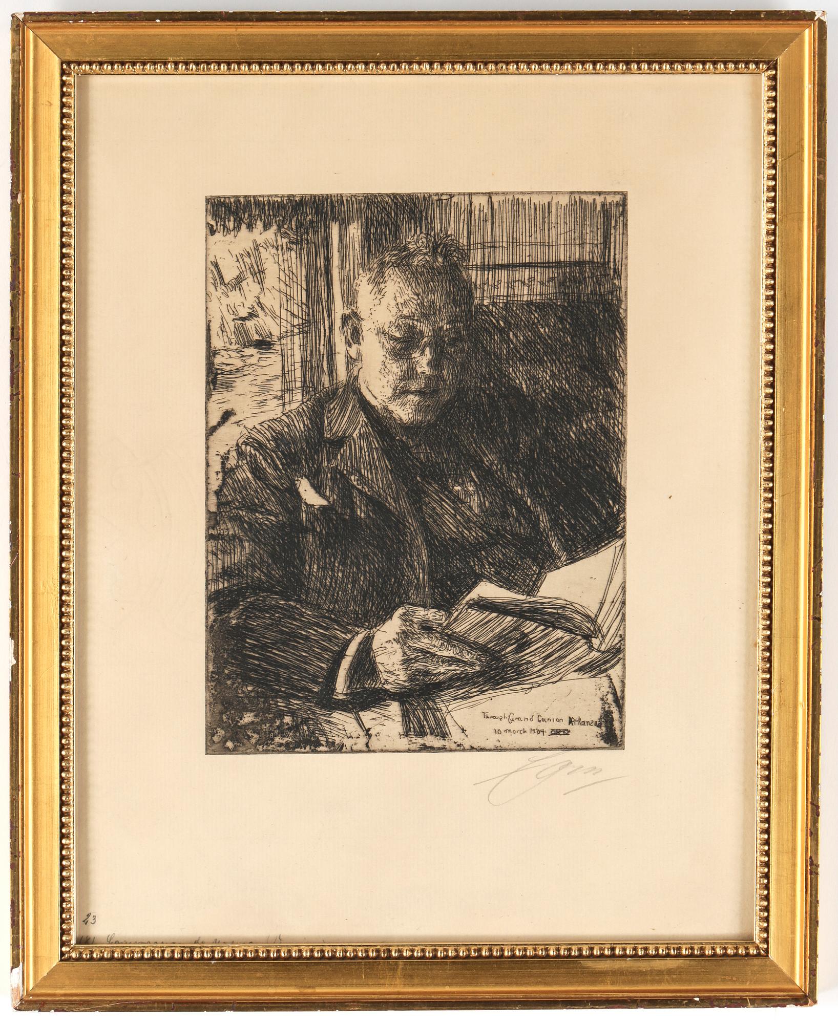 ANDERS ZORN, etsning, "Reskamraten" (Mr. Charles Deering), utförd 1904, signerad med blyerts.