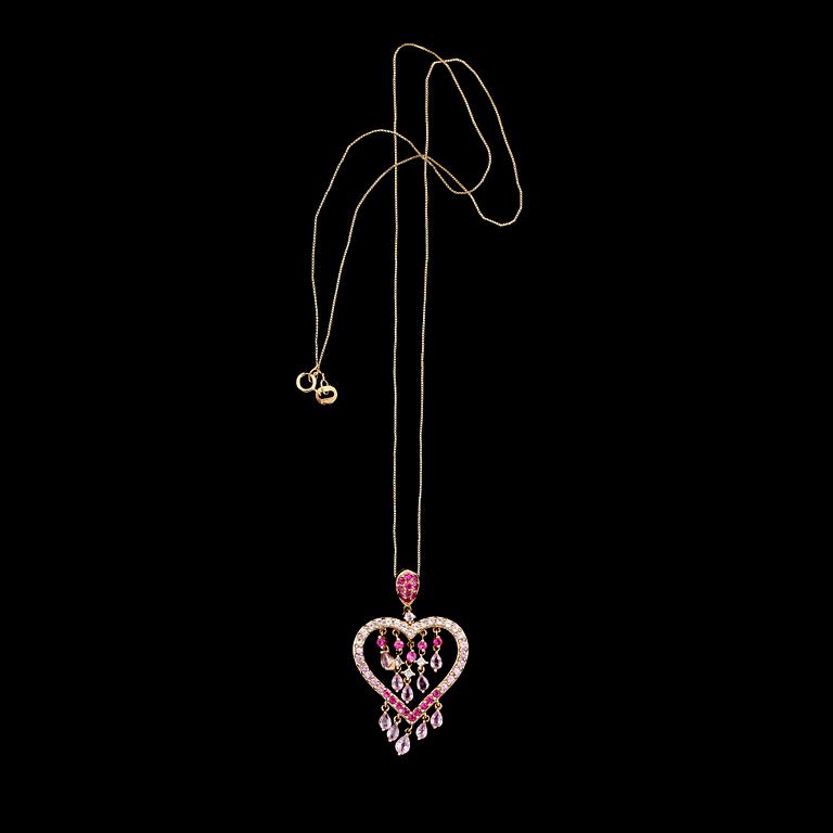 HÄNGE MED KEDJA, 14 K guld, diamanter samt flerfärgade rosa safirer.