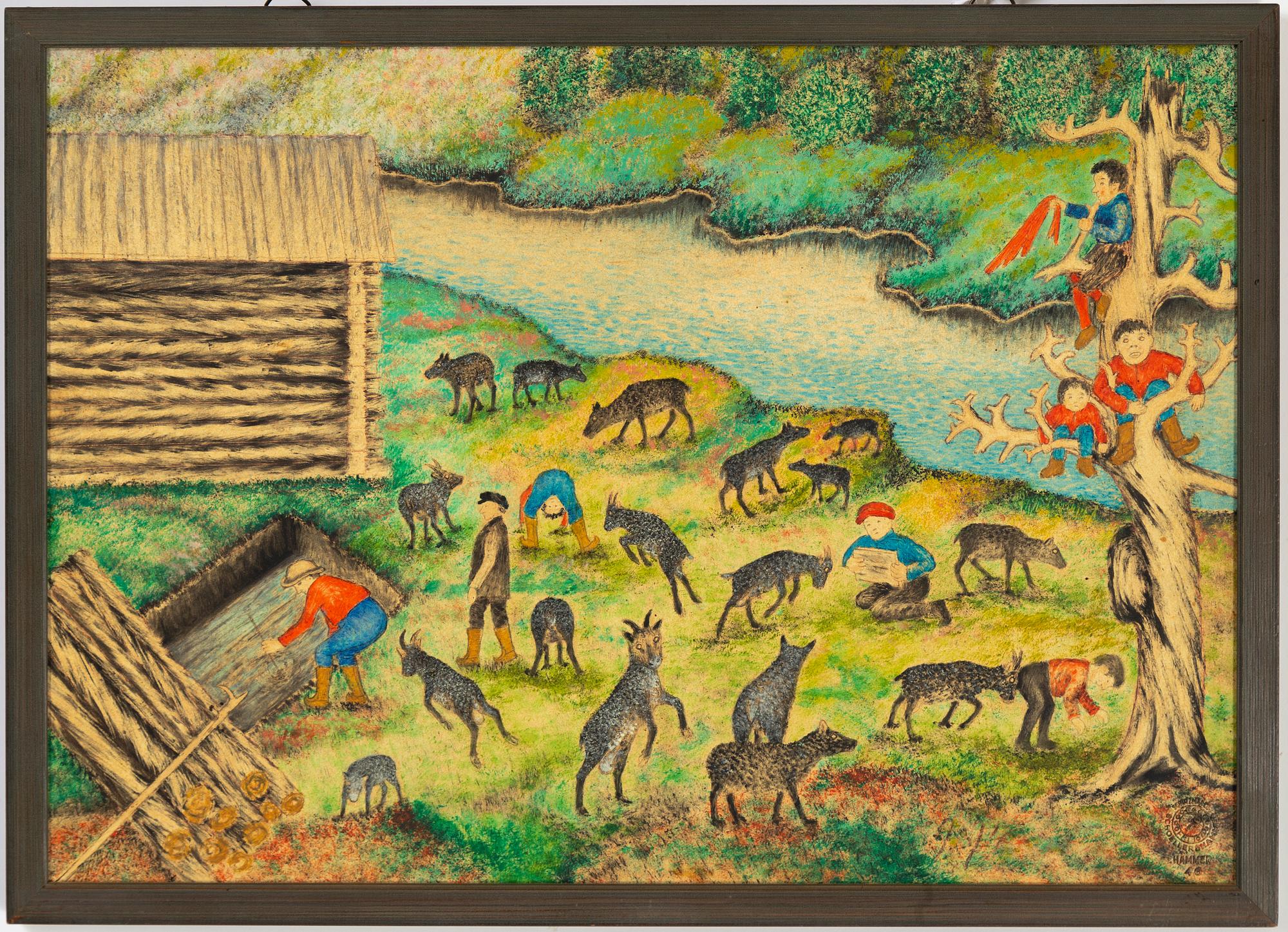 Andreas Alariesto, mixed media on paper on panel, signed.