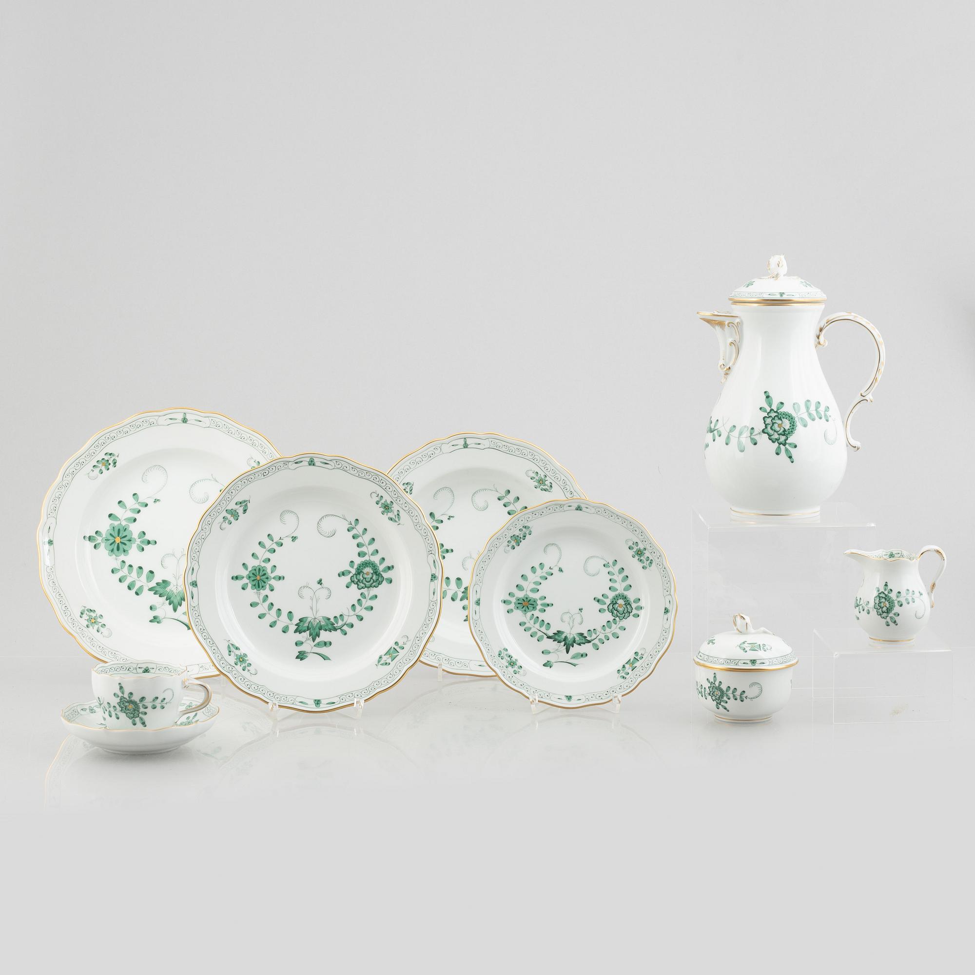 Mat- och kaffeservis, porslin, 44 delar, "Indische Malerei Grün", Meissen, Tyskland.