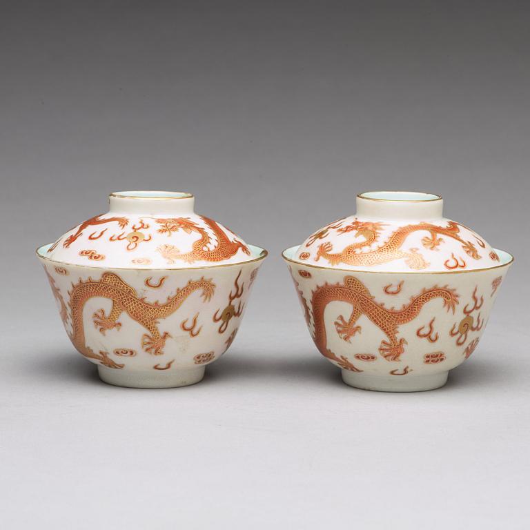 A set of two five clawed dragon cups with covers, China, early 20th Century with mark.