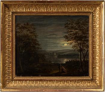 Carl Johan Fahlcrantz, attributed to, Moonlit landscape with figures and a castle.