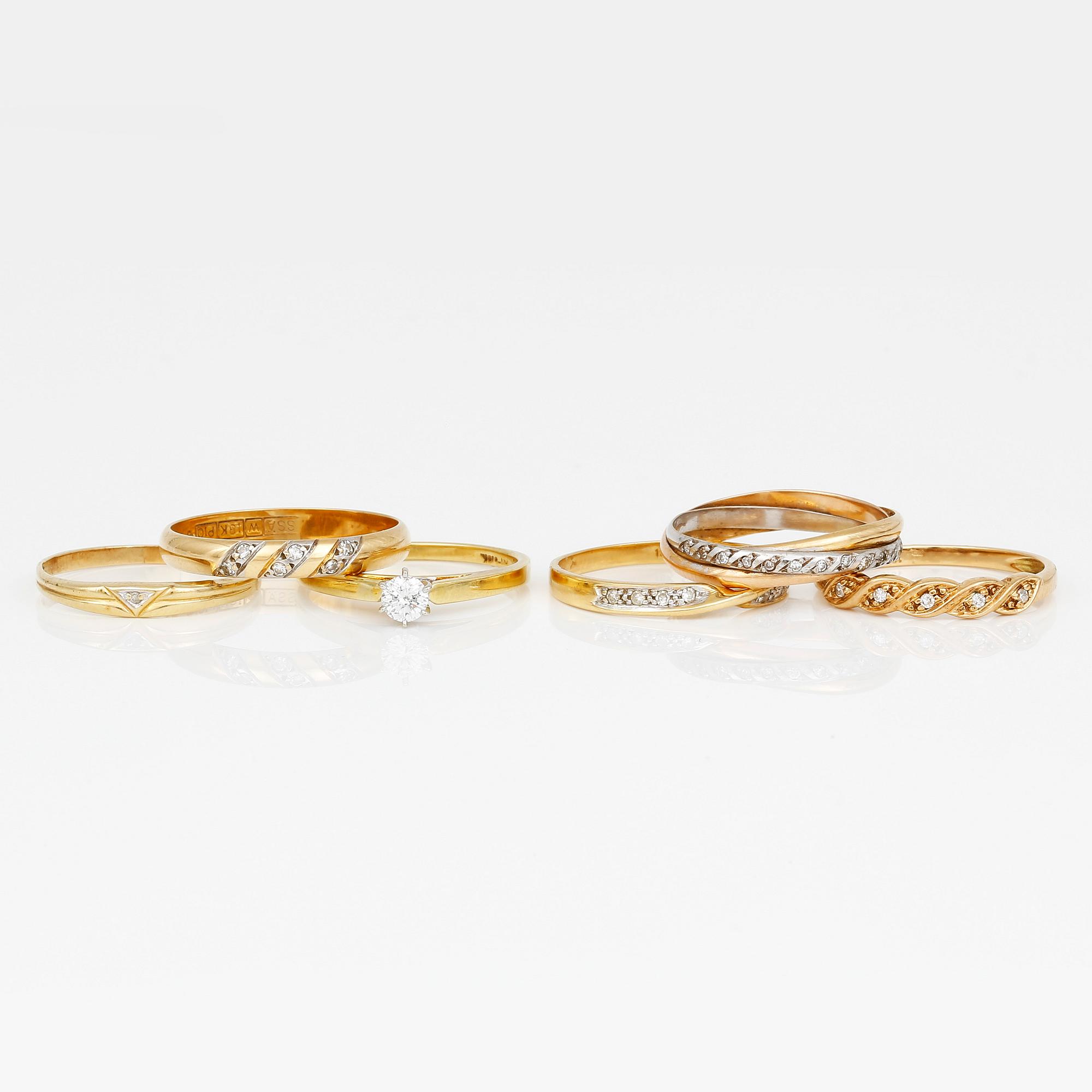 RINGAR, 6 st, mestadels 18K guld med olikslipade diamanter, tot ca 0,45 ct. Total vikt ca 11,68 g.