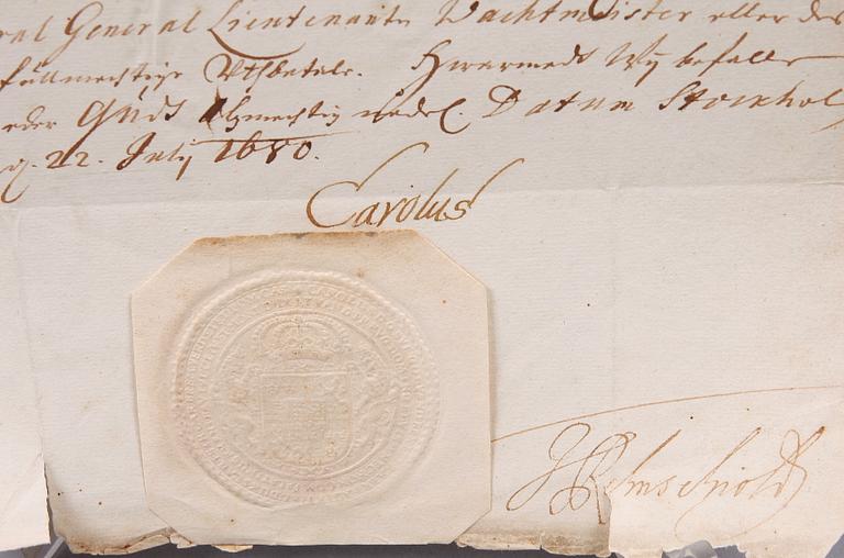 DOKUMENT MED AUTOGRAF, Karl XI av Sverige, sign o dat 1680.