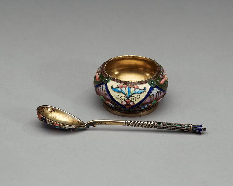 A Russian 19th century silver-gilt and enamel salt and coffee-spoon.