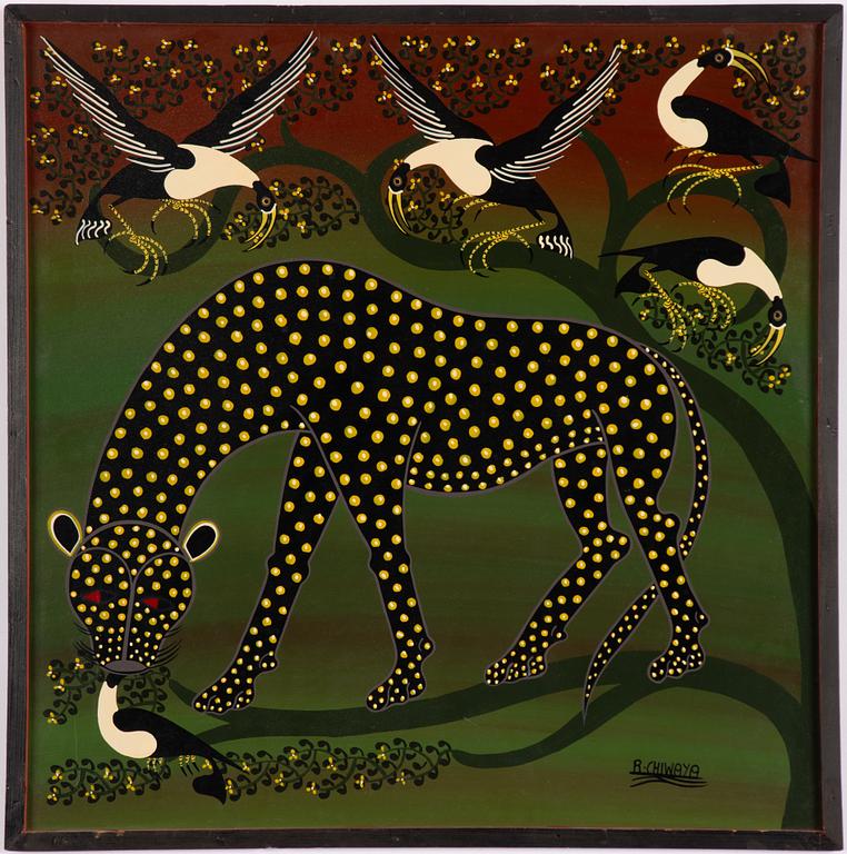 Rajabu Chiwaya, Leopard and Birds, style Tinga painting.