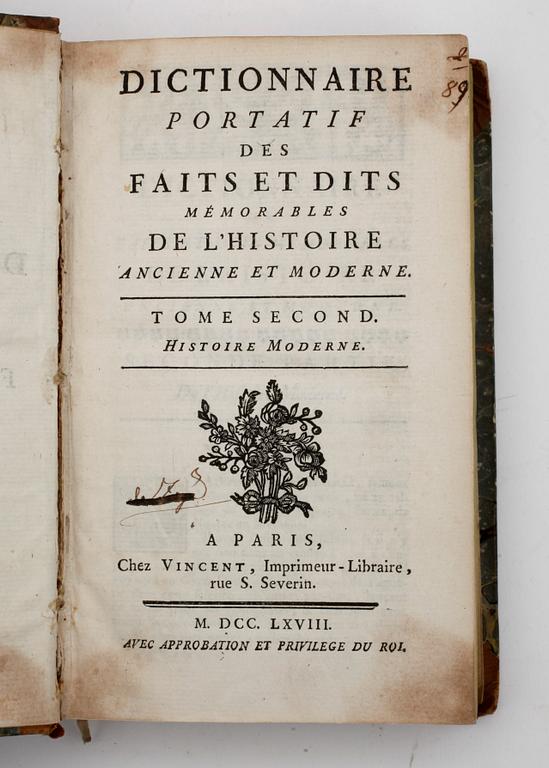 DICTIONNAIRE PORTATIF DES FAITS ET DITS...DE L´HISTOIRE..., 2 vol, Paris 1768.