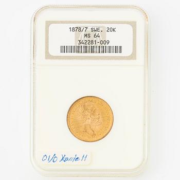 Guldmynt, Oscar II, 20Kr, Typ III, Sverige 1878.
