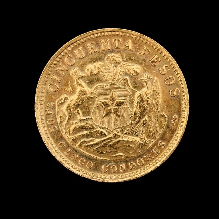 GULDMYNT, 50 ps, Chile, 1926. Vikt ca 10 gram.