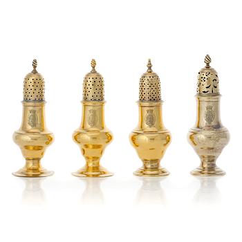 202. Four English 18th century silver-gilt caster-cruet, one pair marked Thomas Shepherd, 1790, one John Delmester 1760,