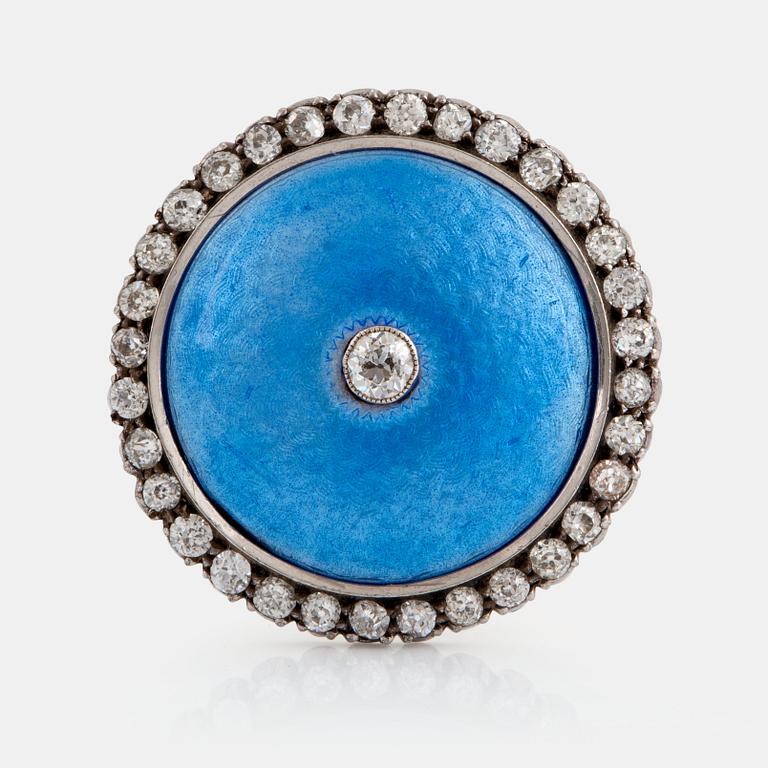 A 14K gold enamel brooch set with old-cut diamonds with a total weight of ca 1.75 cts.