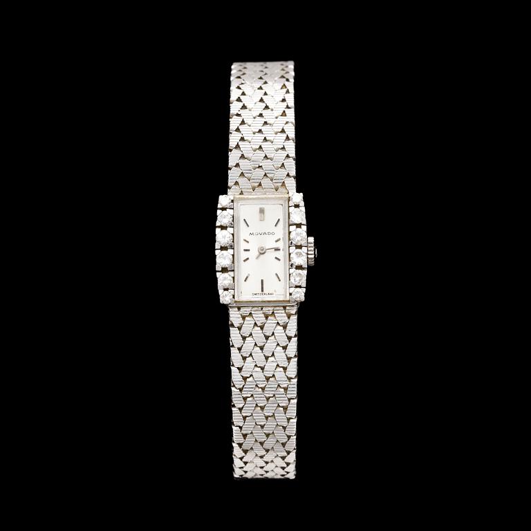 DAMARMBANDSUR, 18k vitguld med 12 briljantslipade diamanter, Movado. Tot ca 39 g.