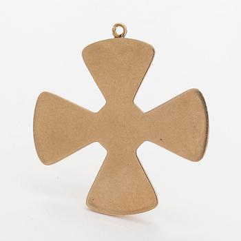 A 14K gold cross pendant, with cabochon-cut sapphires, rubies, and an emerald.