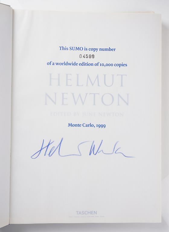 Helmut Newton, Signed book published by Taschen, Monte Carlo, 1999, ed 10000, with a metal table.