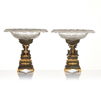 A pair of French late Empire ormolu, patinated bronze and cut glass tazze, first part 19th century.