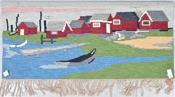 BONAD, rölakan, "Sjöbodar", signerad GL, Gertie Lindberg, Vävaregården. 1900-talets andra hälft. Ca 200x91.