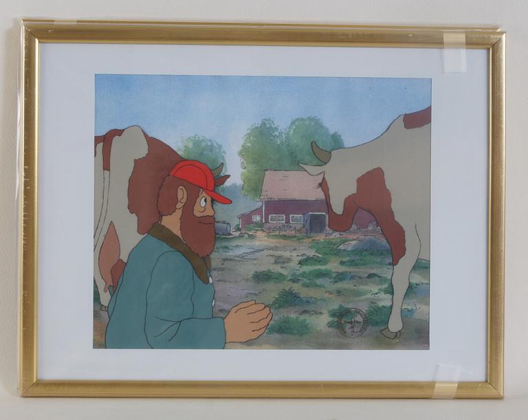 ORIGINALCEL, 4 st, ur "Pelle Svanslös", blandteknik, Team Film, sign SL.