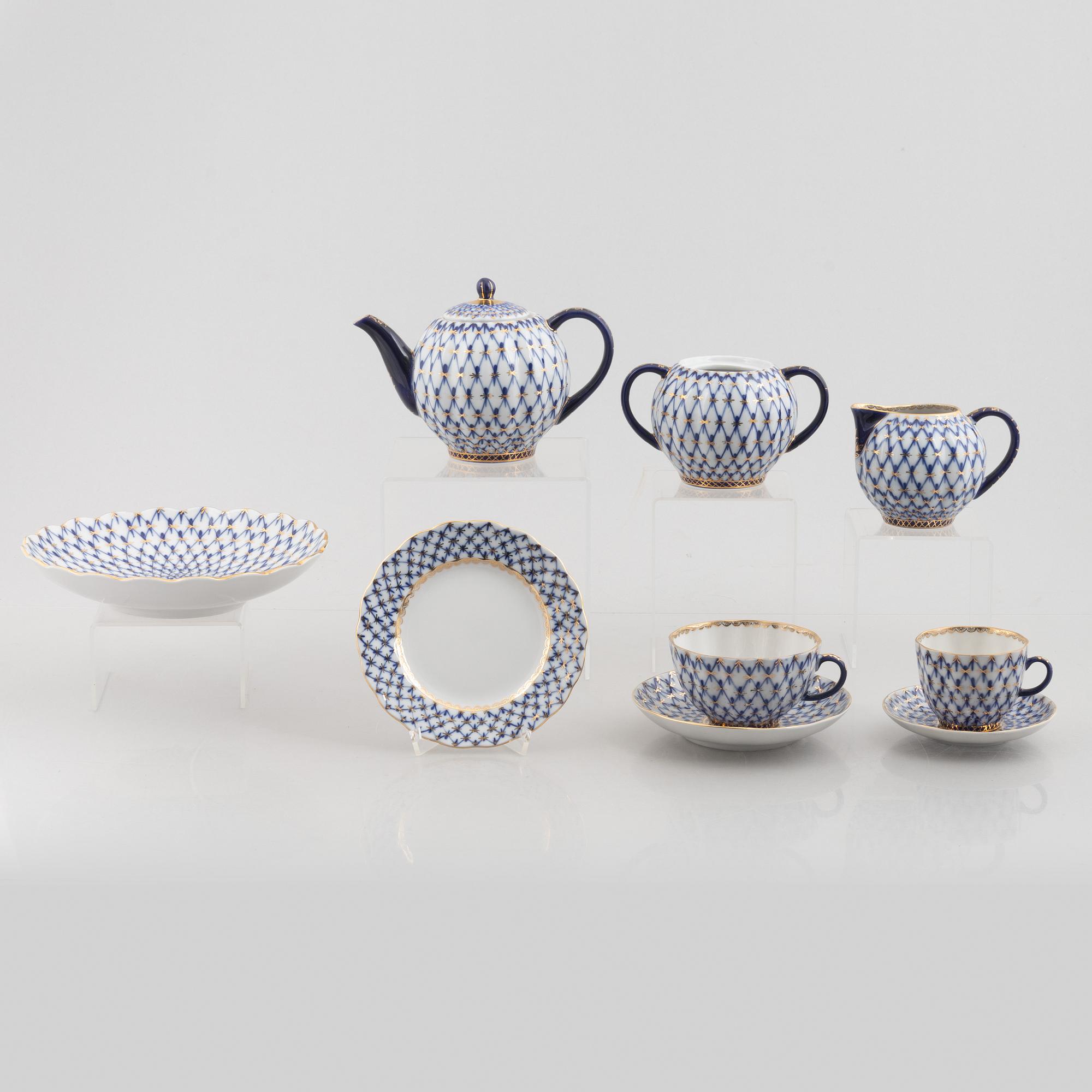 Tea and coffee service, 34 pieces, porcelain, "Cobalt Net", Lomonosov, Soviet Union.
