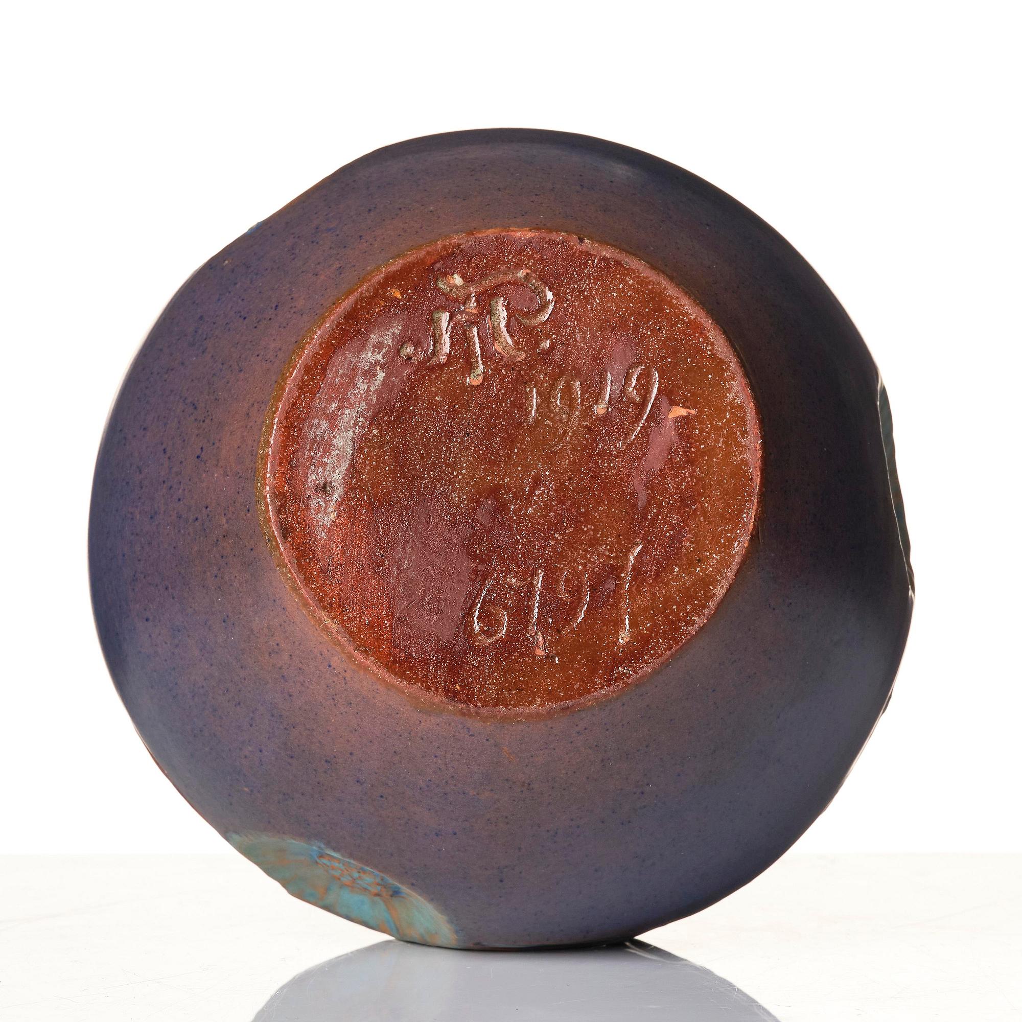 Hilma Persson-Hjelm, a glazed earthenware art nouveau vase, executed in her own studio, Arvika 1919. No 1619.