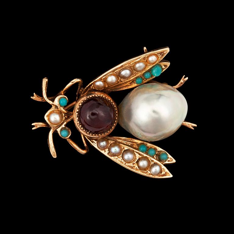 A cultured pearl, garnet and turqoise brooch in the shape of a fly.