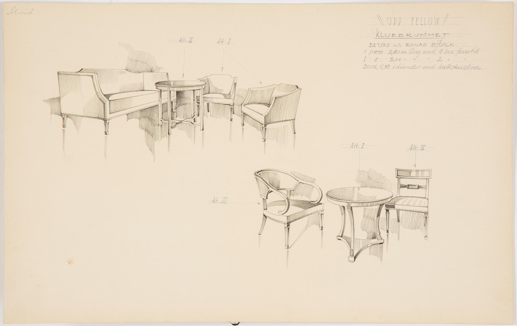 MÖBELRITNINGAR, 10 stycken, blyerts, Odd Fellow huset Stockholm 1920-tal.
