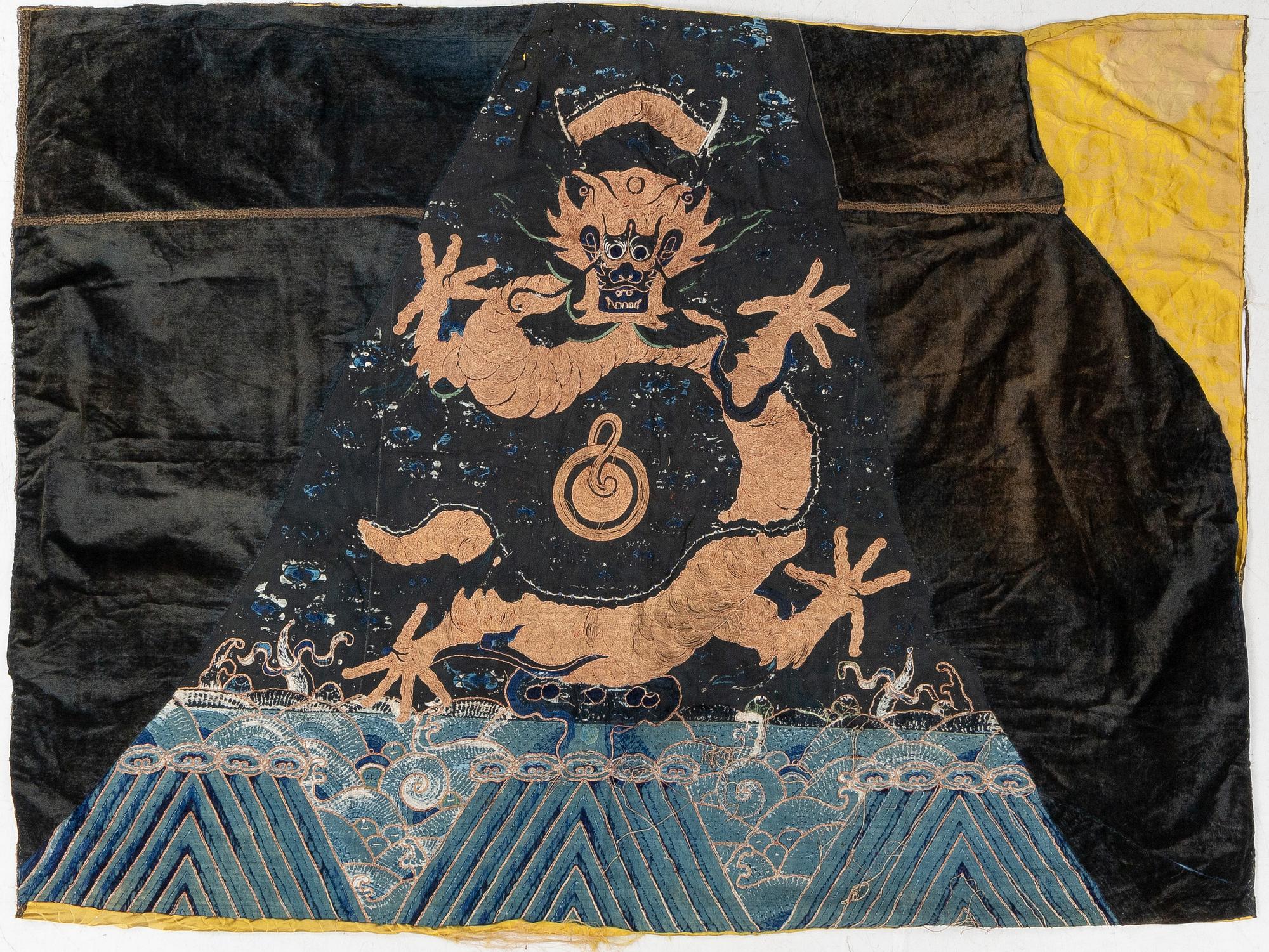 An embrodiered textile with a five clawed dragon, lined with yellow silk, Qing dynasty.