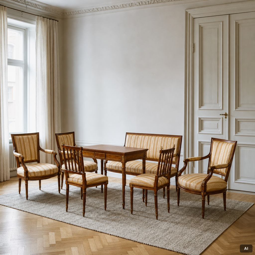 A seven-piece seating group, Louis XVI style, early 20th Century.