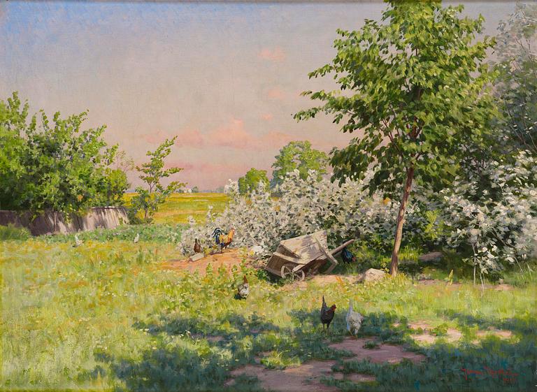 Johan Krouthén, Summer landscape with pecking hens and a wheelbarrow.