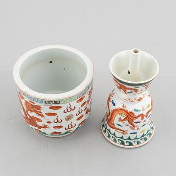 A porcelain flower pot and an incense holder, China, early 20th century.